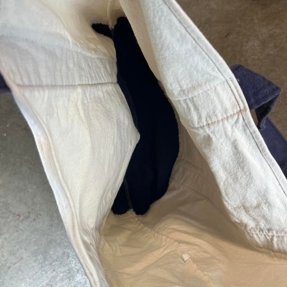 Trader Joes Canvas Tote Bag Navy Blue Cream Red Embroidered Logo Reusable Market - Picture 3 of 6